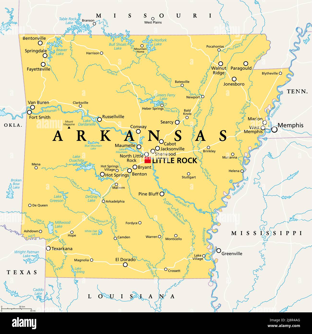 Arkansas, AR, political map, with capital Little Rock, and largest cities, lakes and rivers. Landlocked state in the South Central United States. Stock Photo