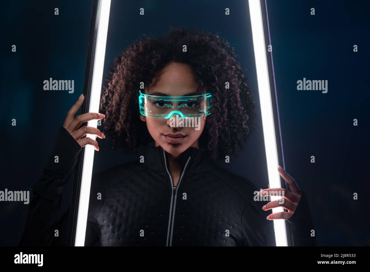 Metaverse digital cyber world technology, young woman with smart glasses, futuristic lifestyle Stock Photo