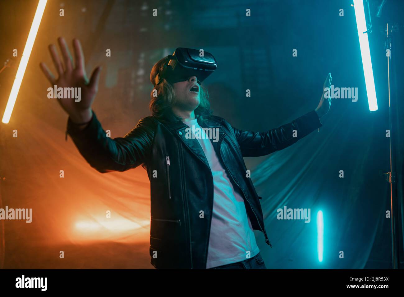 Metaverse digital cyber world technology, man with virtual reality VR