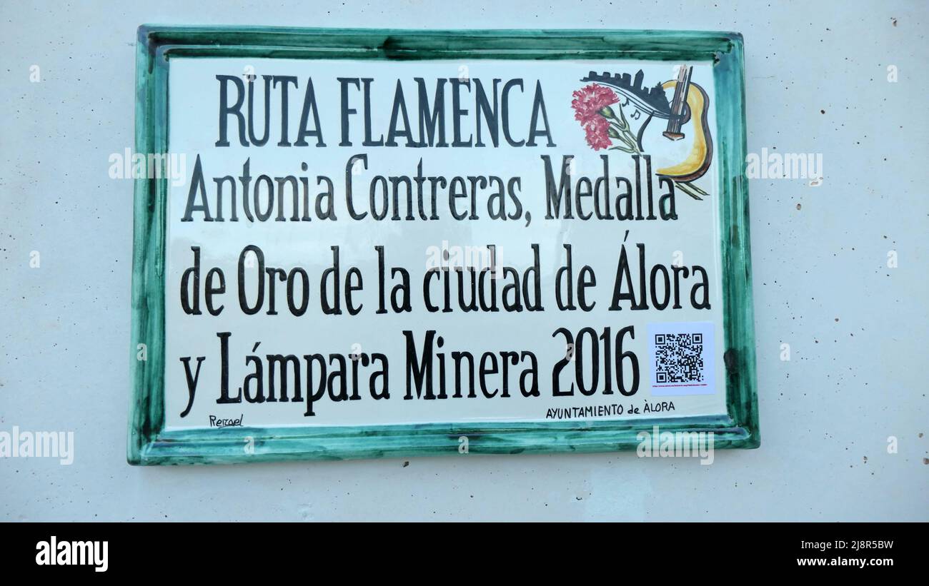 Alora, Spain - November 14, 2021: Sign on wall in Alora Andalusia to commemorate famous Flamenca singers Stock Photo