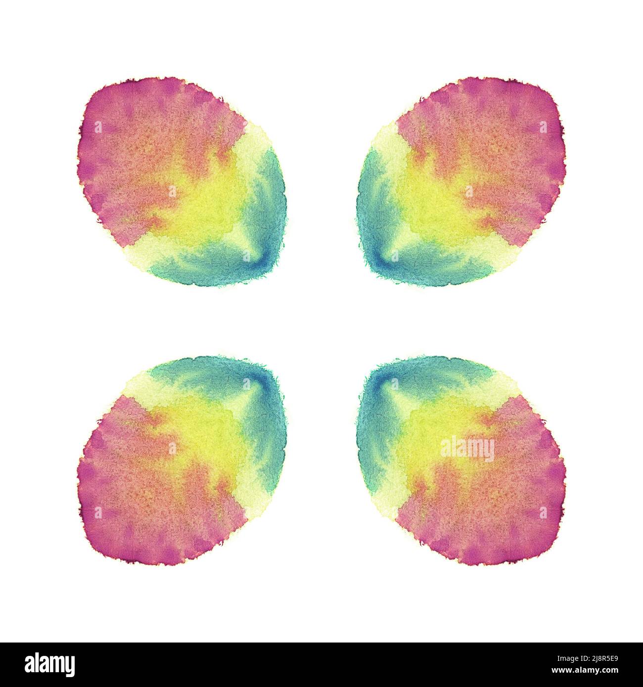 Isolated on white red, yellow and teal watercolor painted oval shape pattern on white paper. Fine abstract multicolor symmetric painting. Symmetrical Stock Photo