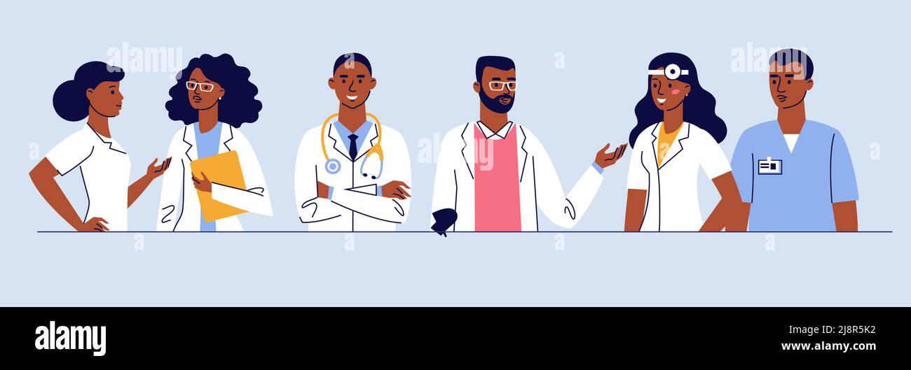 Medicine team concept with different black doctors in hospital. Stock Vector