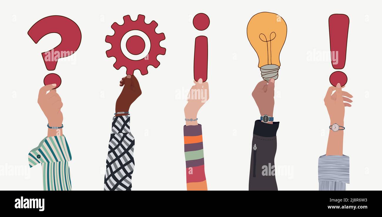 FAQ information or customer service concept. Raised arms and hand up of multicultural business people holding symbols of online assistance help info Stock Vector