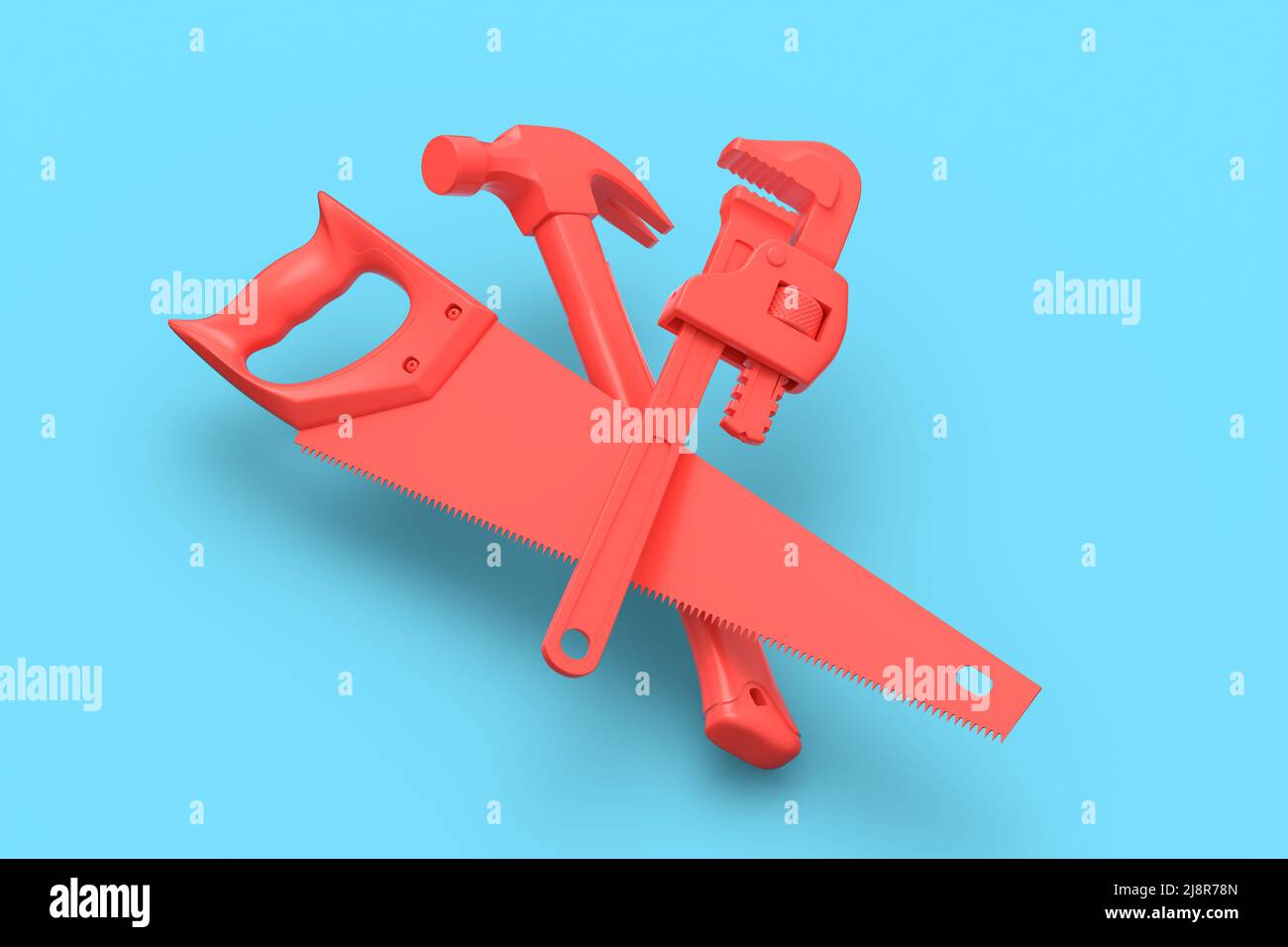 Flying view of red construction tools for repair and installation on ...