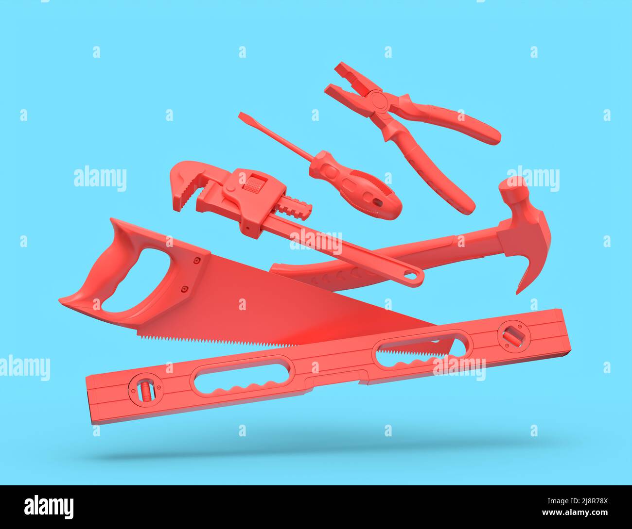 Flying view of red construction tools for repair and installation on ...