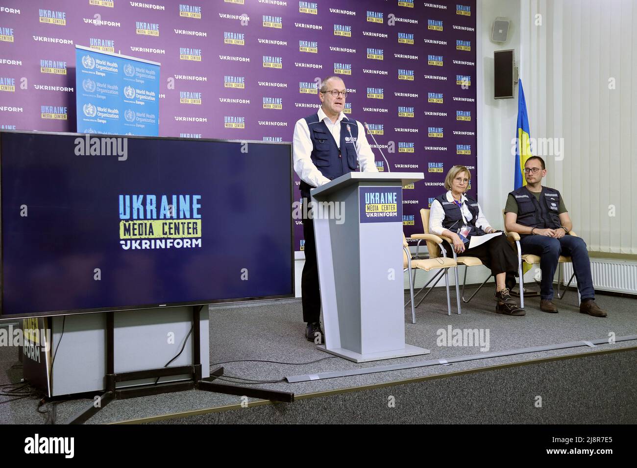 KYIV, UKRAINE - MAY 17, 2022 - WHO Regional Director for Europe Dr Hans Kluge, WHO's Ukraine Incident Manager Dr Dorit Nitzan and WHO Representative/H Stock Photo