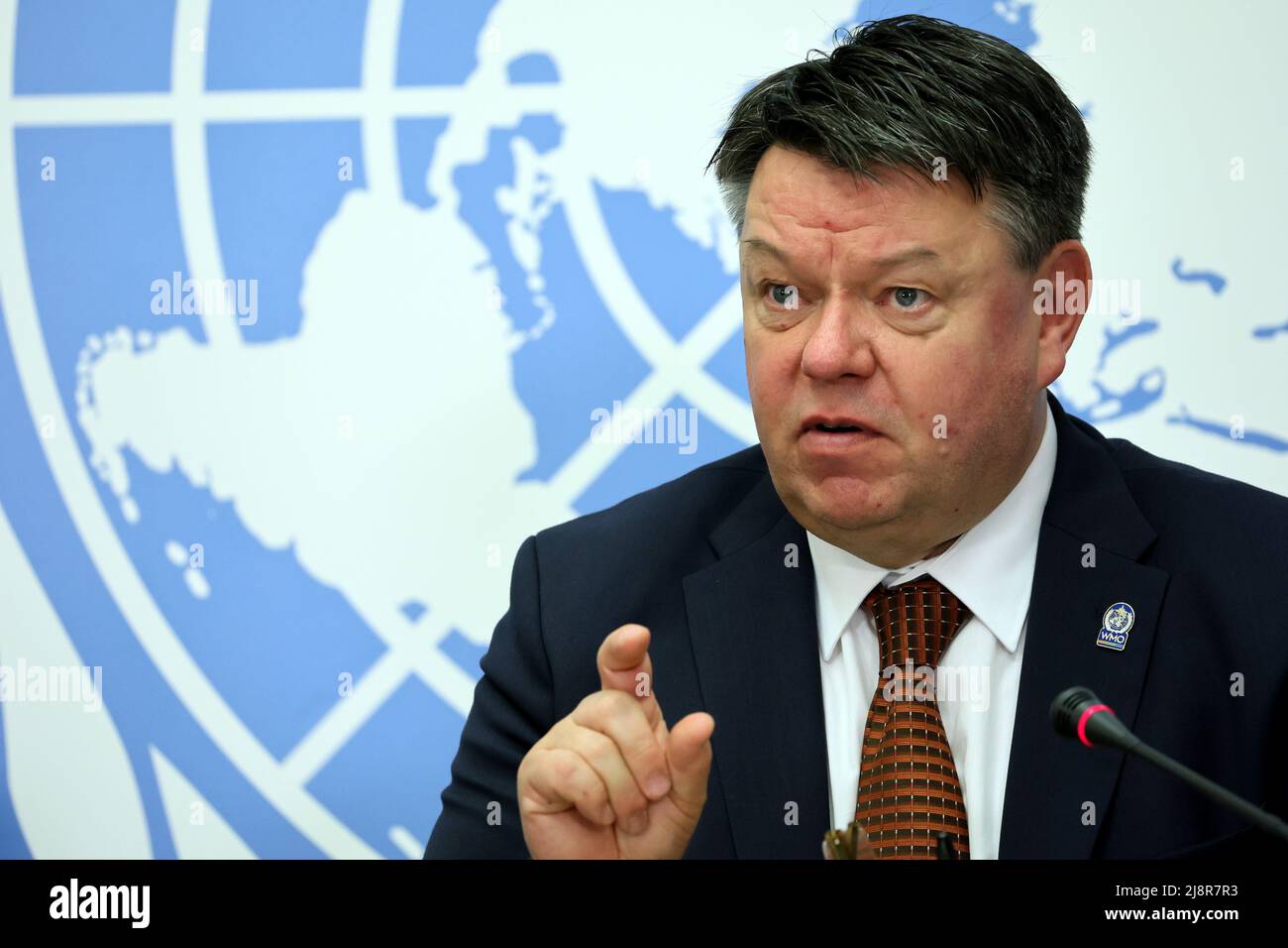 World Meteorological Organization (WMO) Secretary-General Petteri Taalas attends a news conference to launch a state of global climate report at the United Nations in Geneva, Switzerland, May 18, 2022. REUTERS/Denis Balibouse Stock Photo