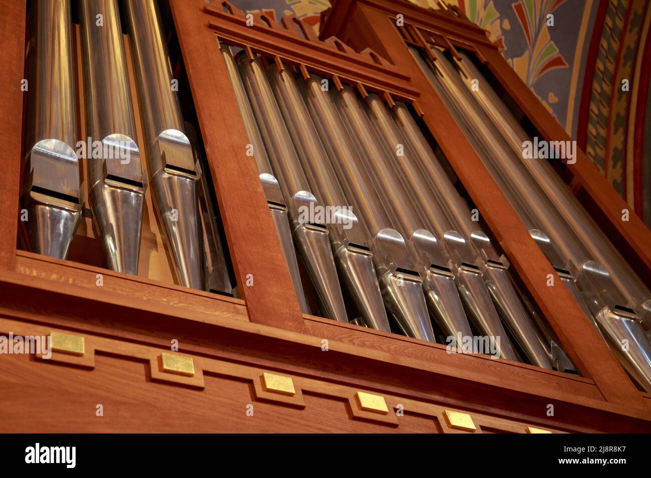 Closeup of modern steel organ pipe Stock Photo Alamy