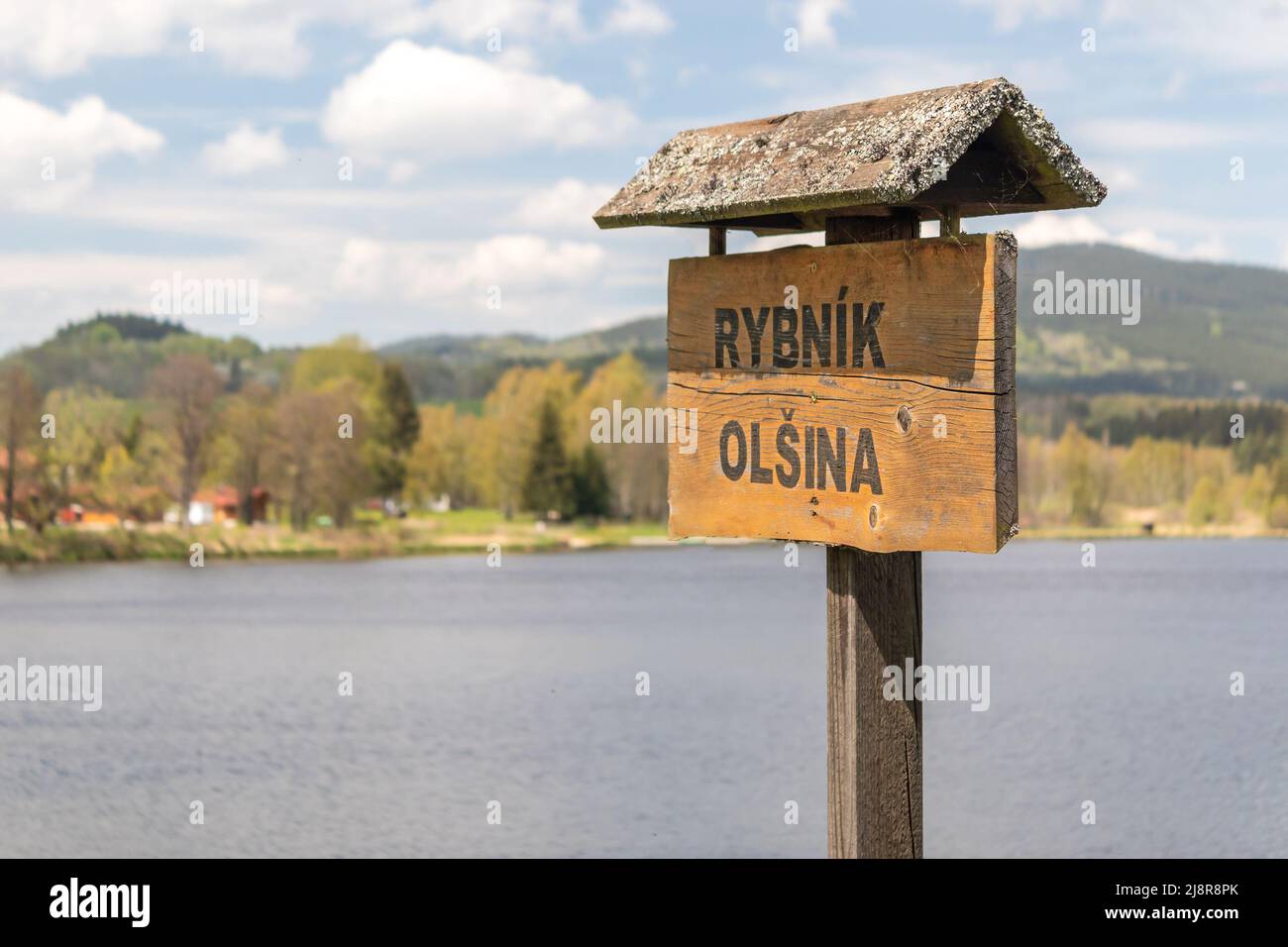 tourist signpost by the water, wooden sign with inscription Olsina Pond, Czech republic Stock Photo