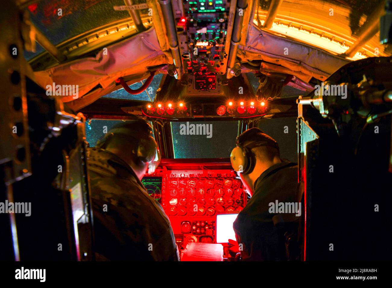 Minot AFB, North Dakota, USA. 3rd May, 2022. 69th Bomb Squadron B-52H Stratofortress Pilots Capt. Jake 'Aftr' Gill (left) and Capt. David 'Lumber' Mills (right) conduct B-52H pre-flight procedures before takeoff on May 2, 2022, at Minot Air Force Base, North Dakota. B-52Hs are equipped with advanced targeting pods which provide improved long-range target detection, identification and continuous stabilized surveillance for all missions, including close air support of ground forces. Credit: U.S. Air Force/ZUMA Press Wire Service/ZUMAPRESS.com/Alamy Live News Stock Photo