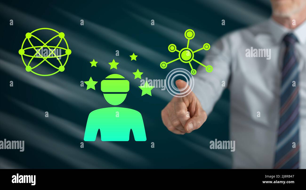 Man touching a virtual reality concept on a touch screen with his ...