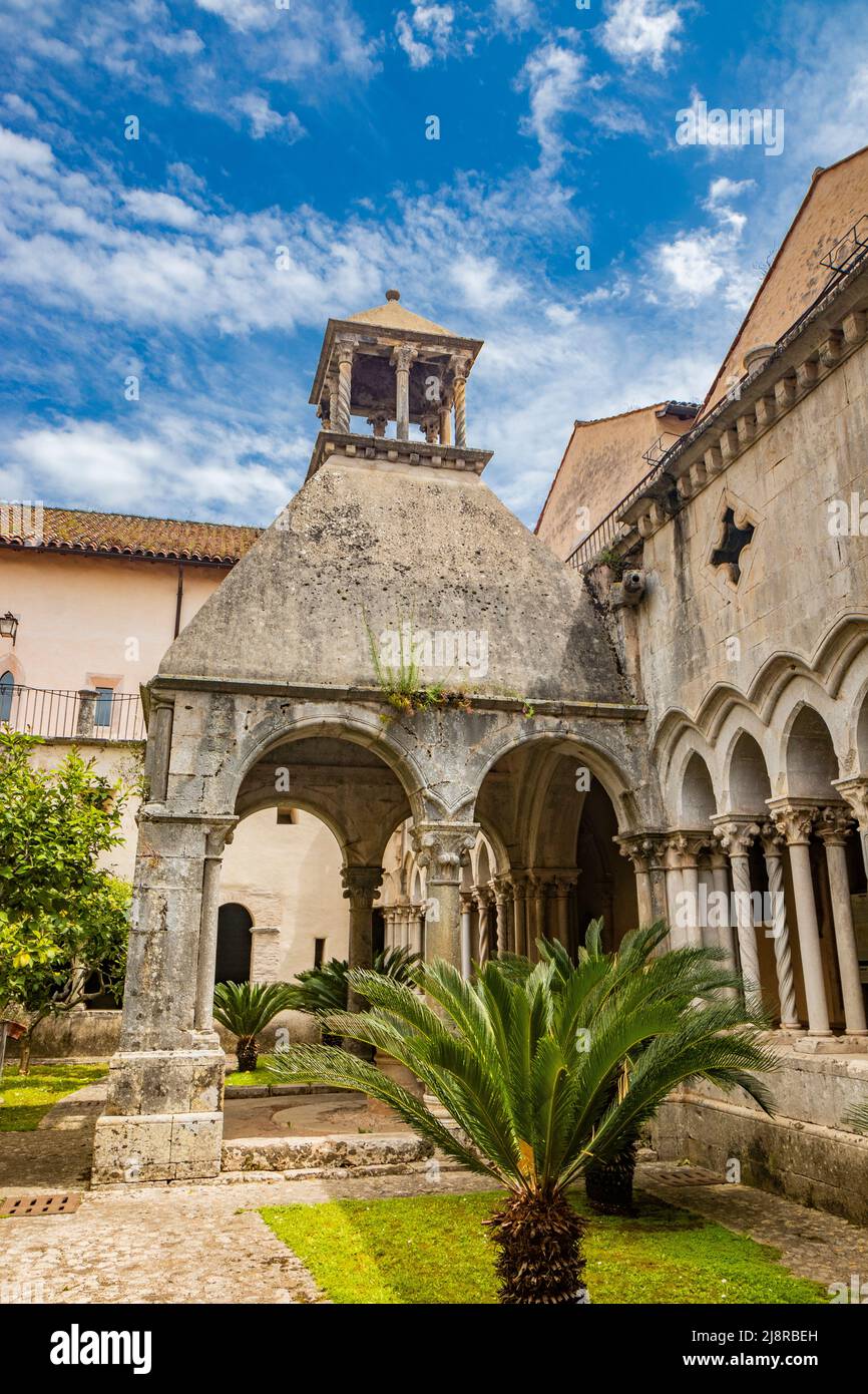 May 1, 2022 - Priverno, Latina, Lazio, Italy - The Fossanova Abbey. The cloister with its splendid colonnade and portico. Twilight, solitude and silen Stock Photo