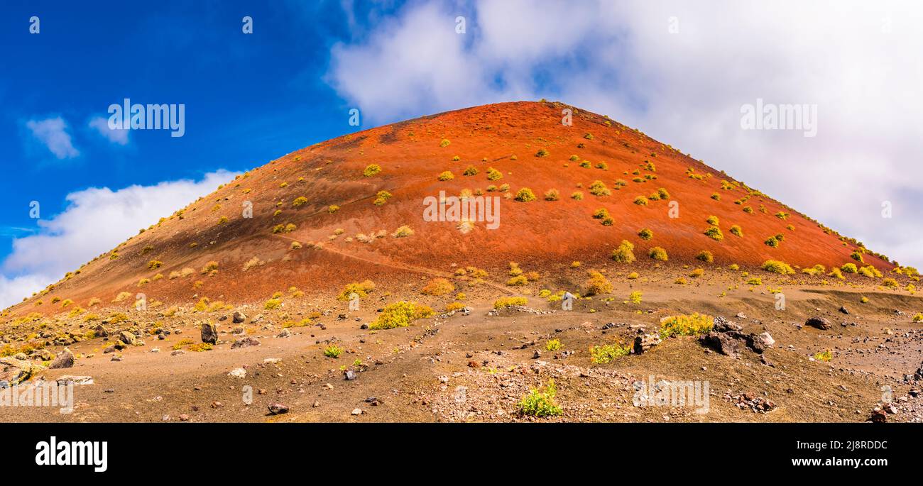 Panoramic view of Montana Colorada, Los Volcanes Natural Park, Lanzarote, Spain Stock Photo