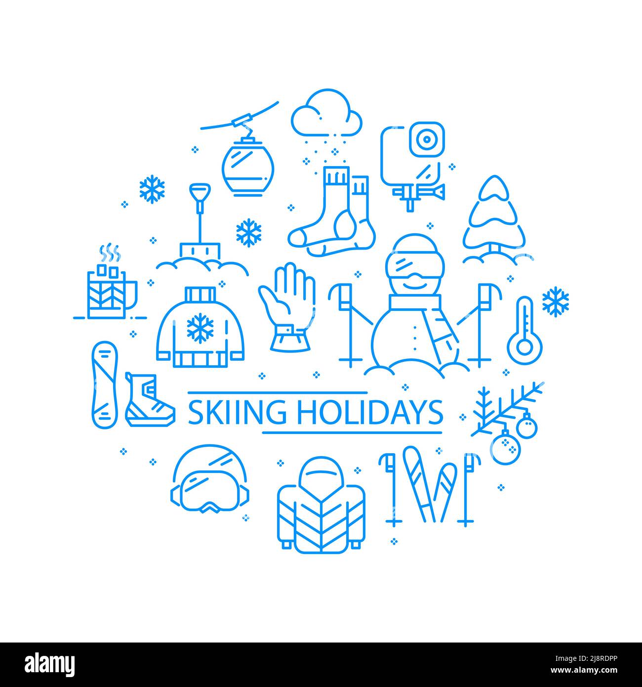 Skiing holidays cute winter mountain sports icons collage Stock Vector