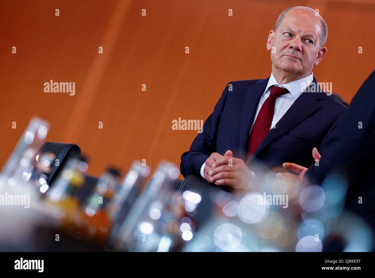 Germany's Chancellor Olaf Scholz attends the weekly cabinet meeting session in the German Federal Chancellery in Berlin, Germany May 18, 2022. REUTERS/Hannibal Hanschke Stock Photo