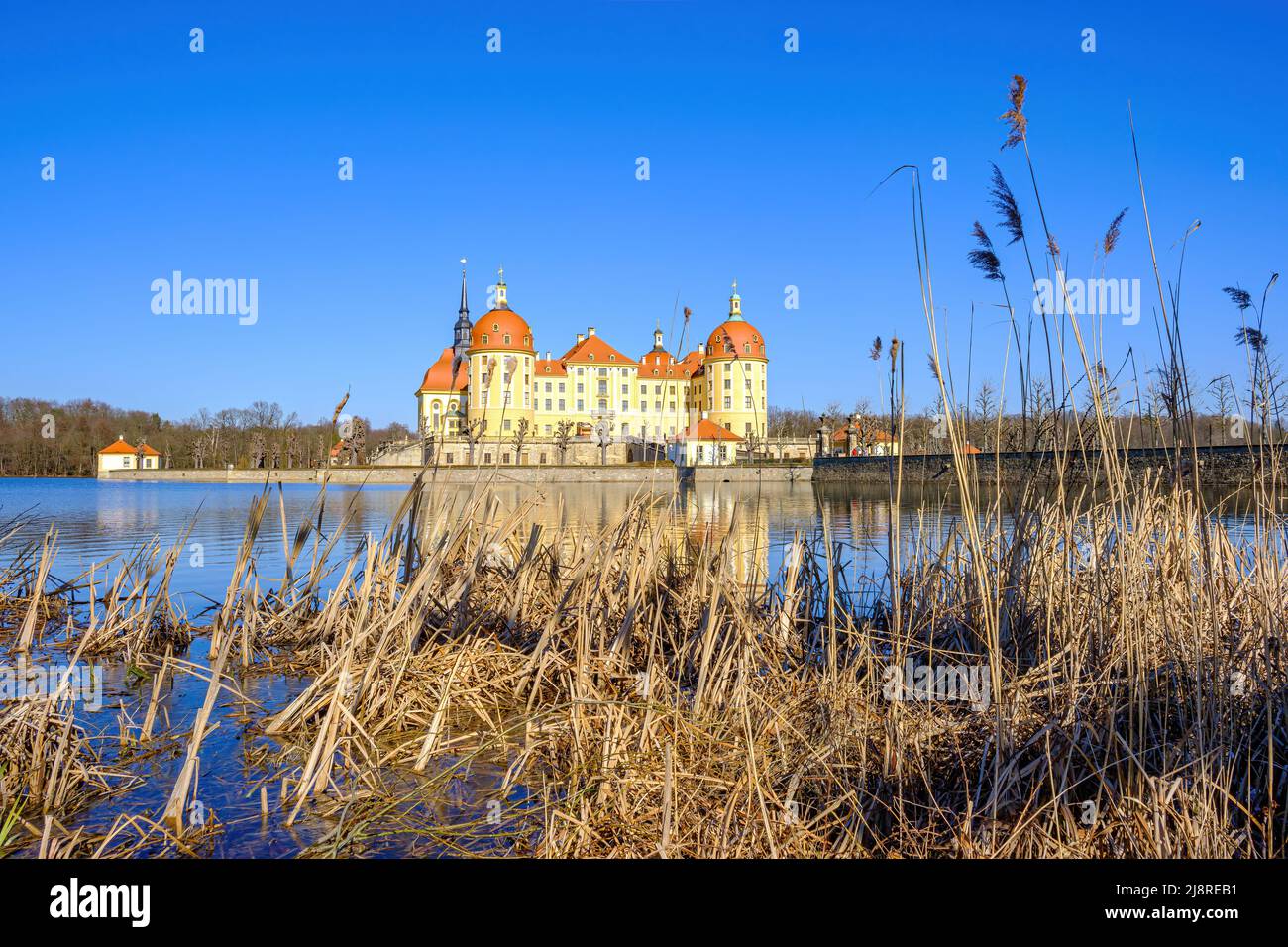 Picturesque view from the South of Moritzburg Palace in Moritzburg near Dresden, Saxony, Germany. Stock Photo
