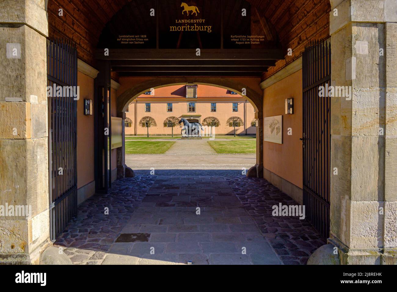 View inside the inner yard of the Moritzburg State Stud near Dresden, Saxony, Germany, the state stud of the Free States of Saxony and Thuringia. Stock Photo