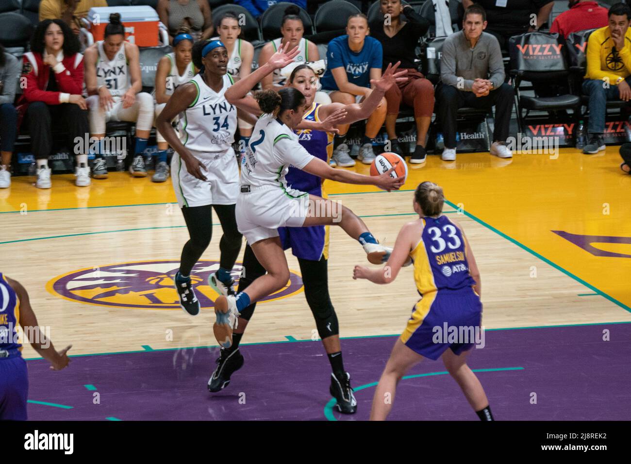 Minnesota Lynx guard Evina Westbrook (2) passes around Los Angeles Sparks  center Liz Cambage (1) during a WNBA game, Tuesday, May 17, 2022, at Crypto.com  Arena, in Los Angeles, CA. The Lynx