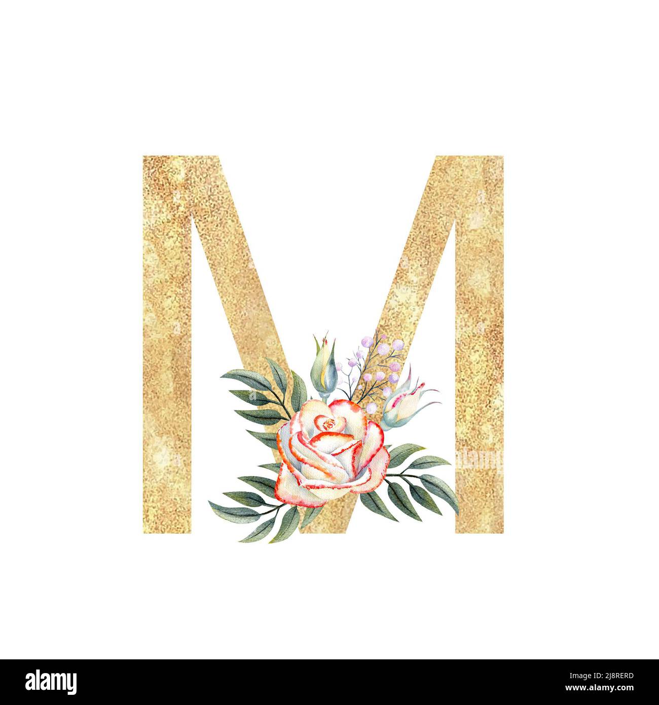 Golden letter M of the English alphabet with a bouquet of pink roses on ...