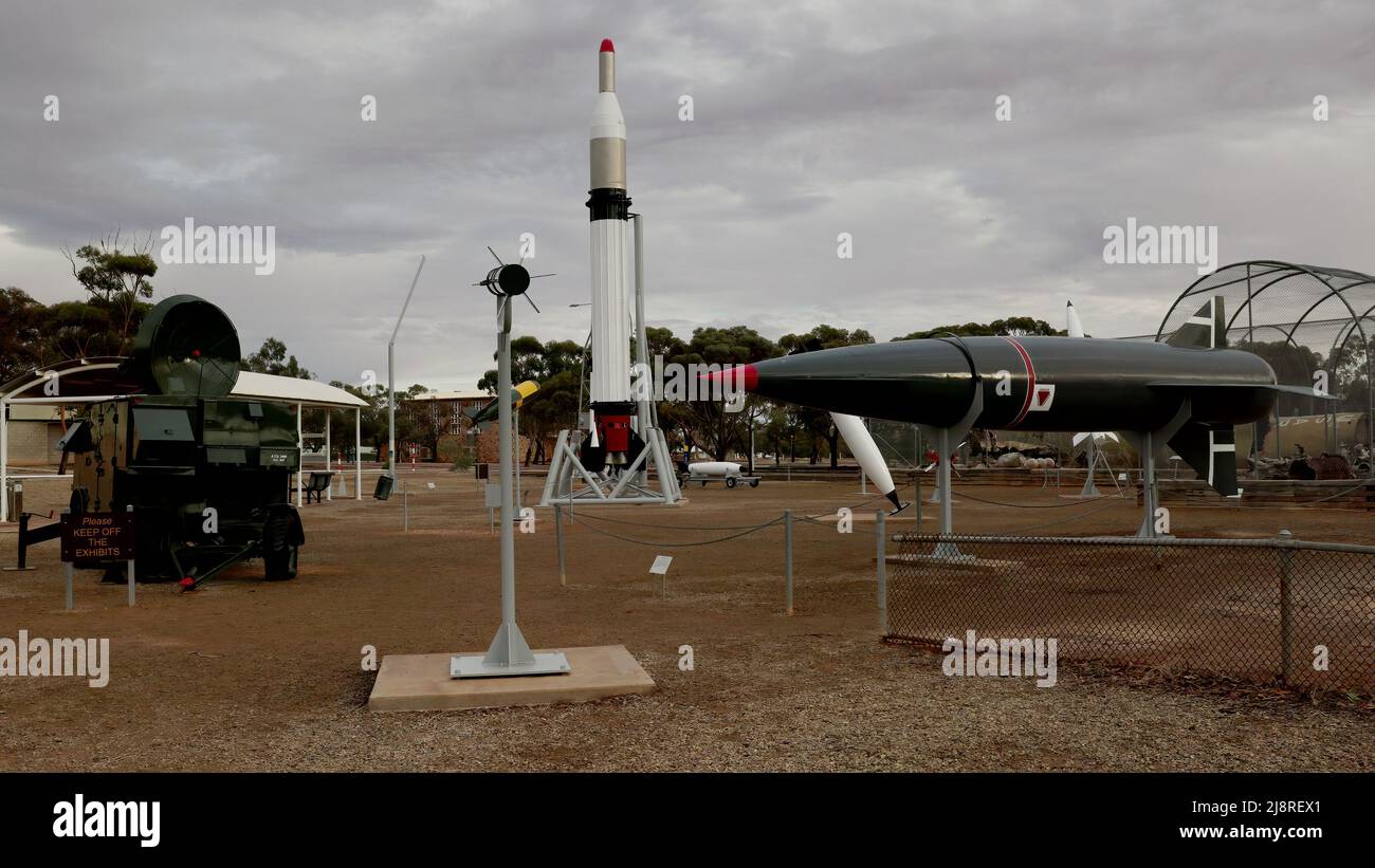 WOOMERA, AUSTRALIA - JUNE 13 2021: blue steel rocket at woomera rocket park Stock Photo