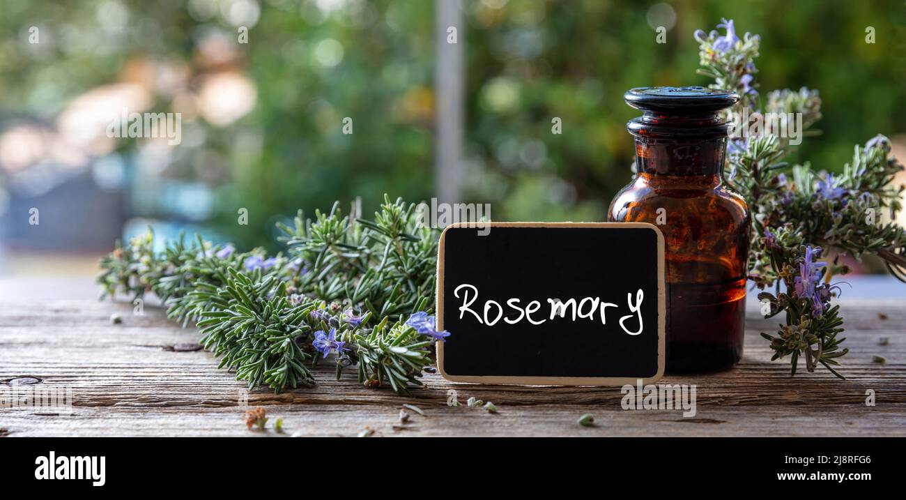 Lavender essential oil glass bottle on wooden table, close up view. Aromatherapy blooming herb, text label, blur nature background Stock Photo