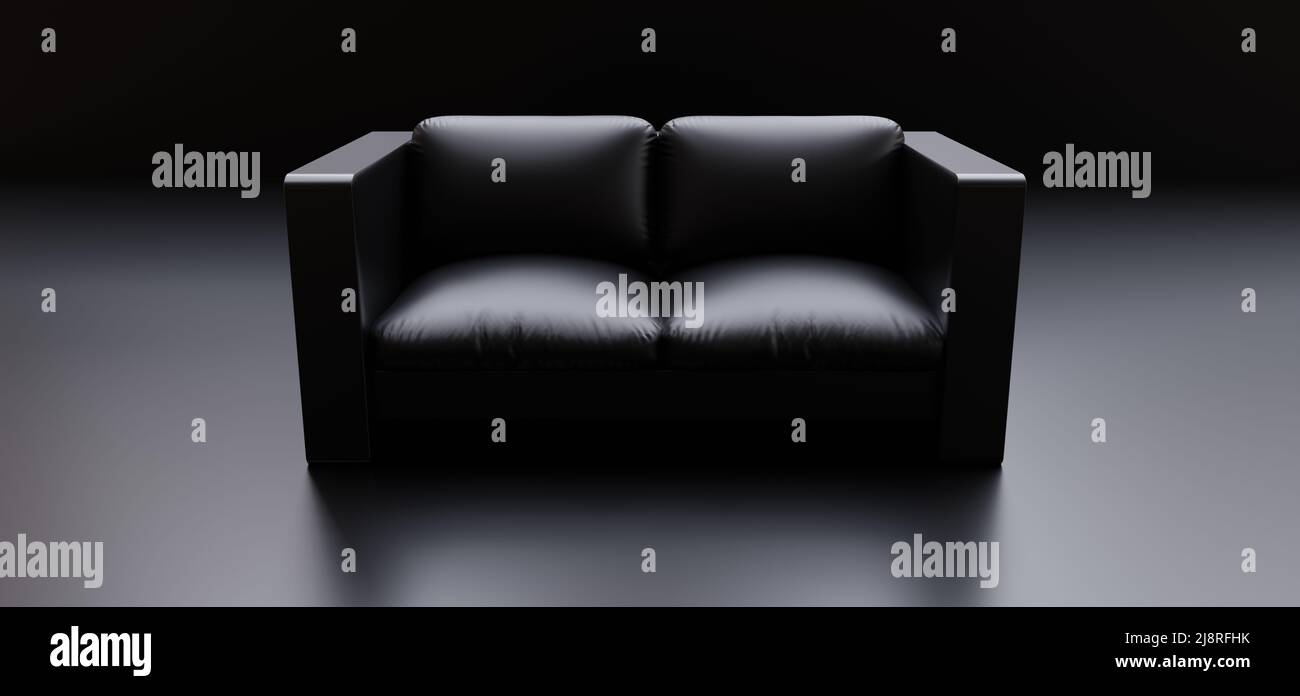 Black two seat sofa isolated on black background. Front view of modern, luxury, comfort, shiny