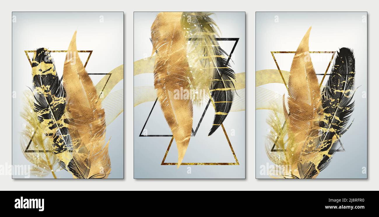 3d drawing art mural modern wall frame. golden, black feathers and triangles with marble in light gray background Stock Photo