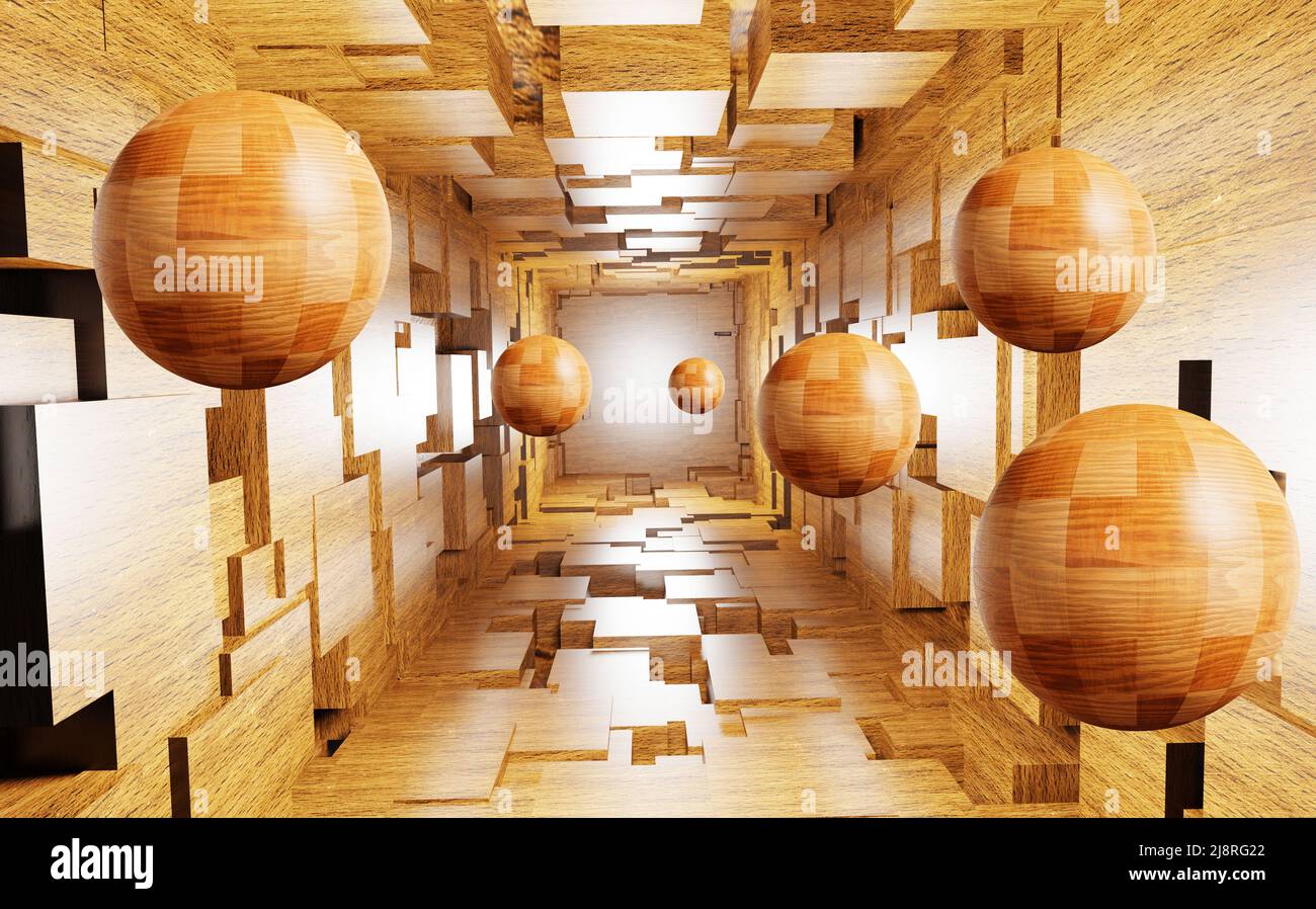 3d abstract wooden sphere wallpaper tunnel corridor. interior room for
