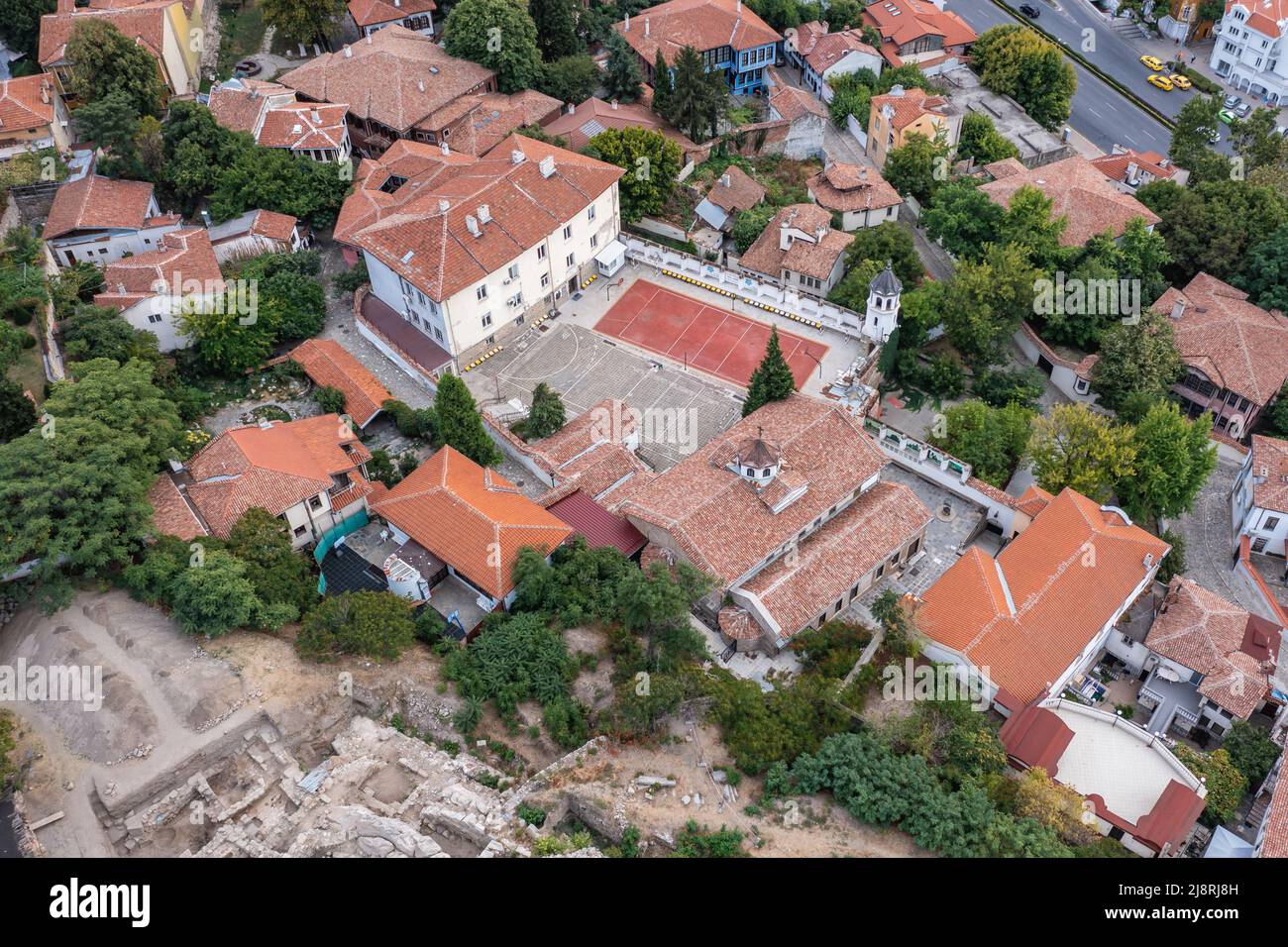 Old Town of Plovdiv city, capital of Plovdiv Province in south-central Bulgaria, view with school and Armenian Apostolic Orthodox Church Surp Kevork Stock Photo