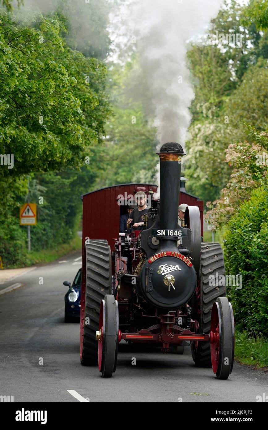 The Foden General Purpose Engine 3384, 'Wattie Pollock' makes it's way through Whiteparish in Wilshire, as it travels to the Mid Hants Railway, also known as the Watercress Line, to take part in their Vintage Vehicles weekend which runs from 20-22 May. Stock Photo