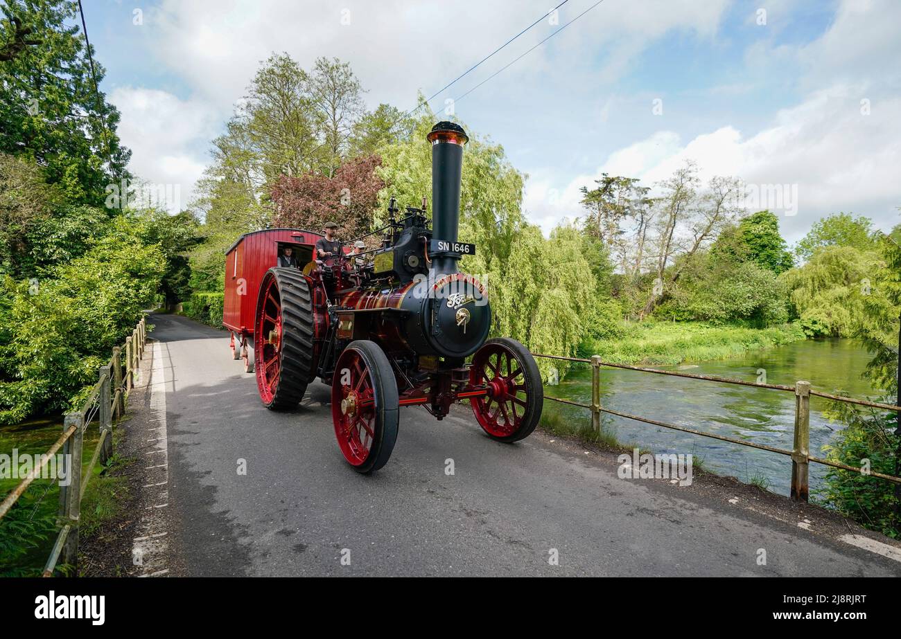 The Foden General Purpose Engine 3384, 'Wattie Pollock' makes it's way over the river Test in Kimbridge, Hampshire, as it travels to the Mid Hants Railway, also known as the Watercress Line, to take part in their Vintage Vehicles weekend which runs from 20-22 May. Stock Photo