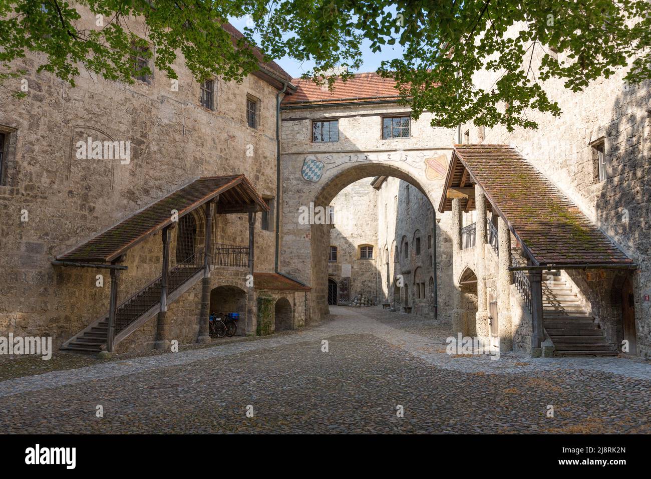 Burghausen, Germany - Jul 25, 2021: View of the inner courtyard of the main castle of Burghausen castle. Stock Photo