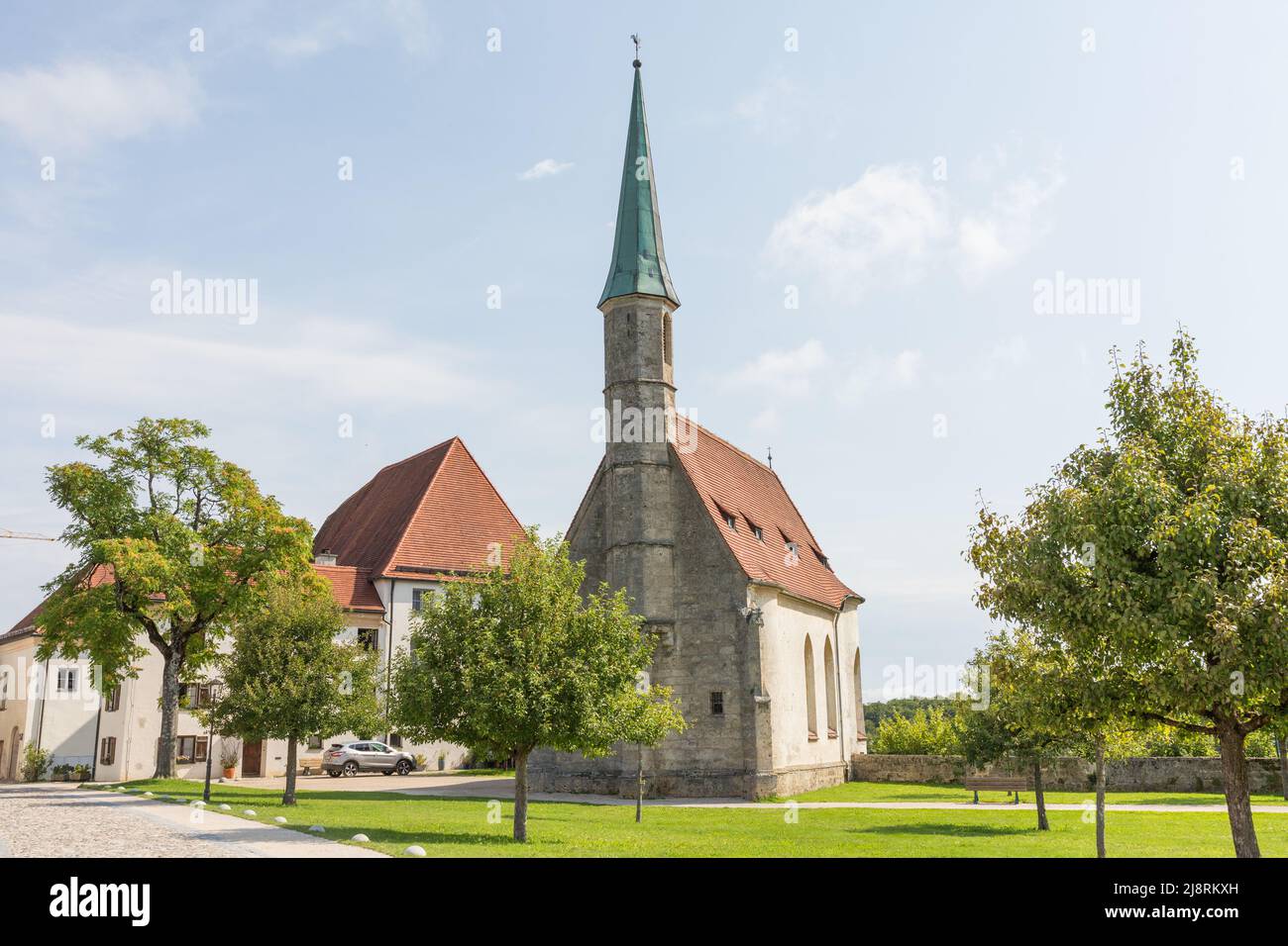 Burghausen, Germany - Jul 25, 2021: View on Hedwigskapelle. A medieval church inside the walls of Burghausen castle. Stock Photo