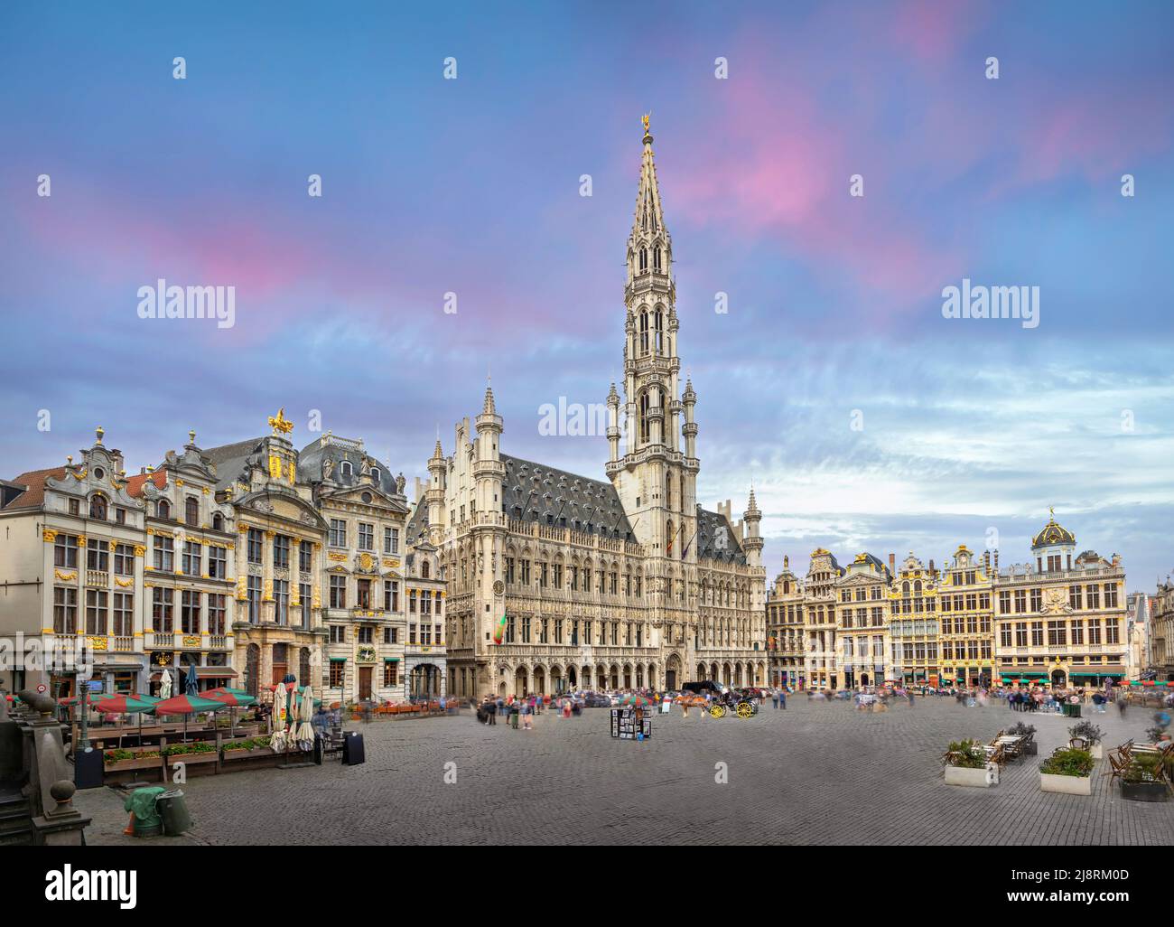 Brussels, Belgium. Panoramic view of Grand Place (Grote Markt) square with gothic City Hall Stock Photo