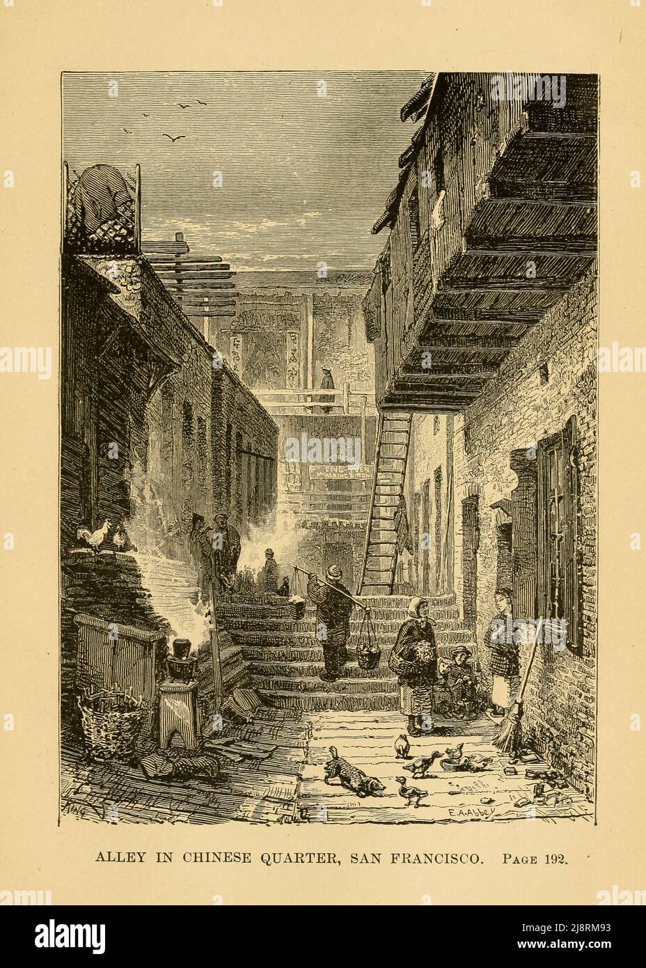 Alley in Chinese Quarter San Francisco from the book ' Two years in California ' by Mary Cone,  Publisher Chicago, S.C. Griggs and company 1876 A resident of Marietta, Ohio, Mary Cone spent two years in California in the 1870s. Two years in California (1876) is more a guide than a first-person narrative of her experiences in the West. She treats the state's history, climate, agriculture, and geography before turning to its regions: Southern California (San Diego, Los Angeles, Santa Barbara), the Sacramento and San Joaqun Valleys (with chapters on individual Sacramento ranches), Northern Califo Stock Photo