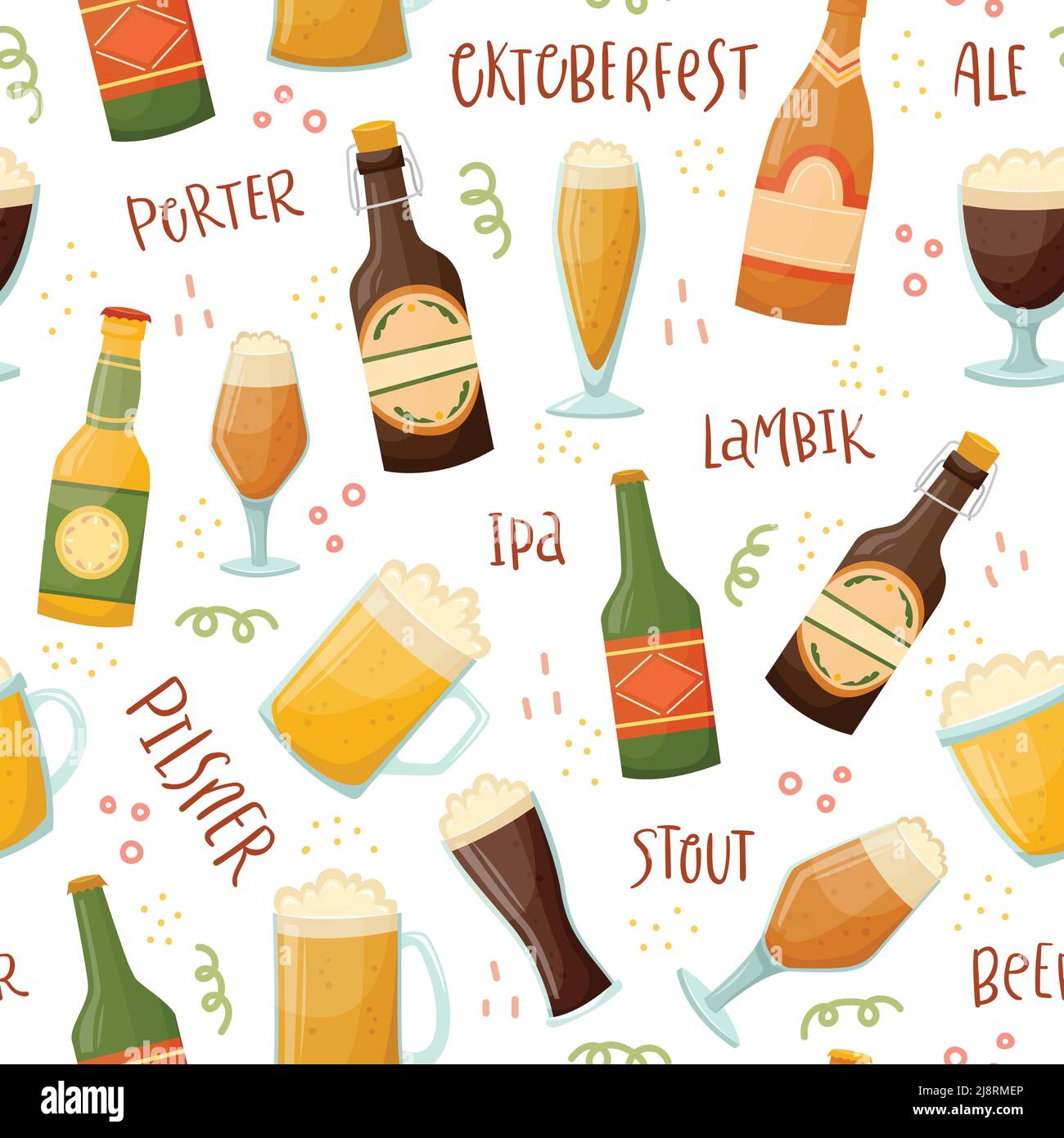 Vector seamless pattern with beer mugs, bottles and beer lettering ...