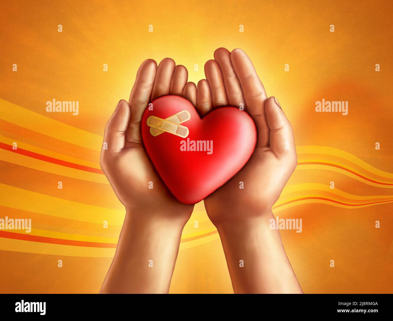 Hands holding a broken hearth, care and compassion concept. Digital illustration. Stock Photo