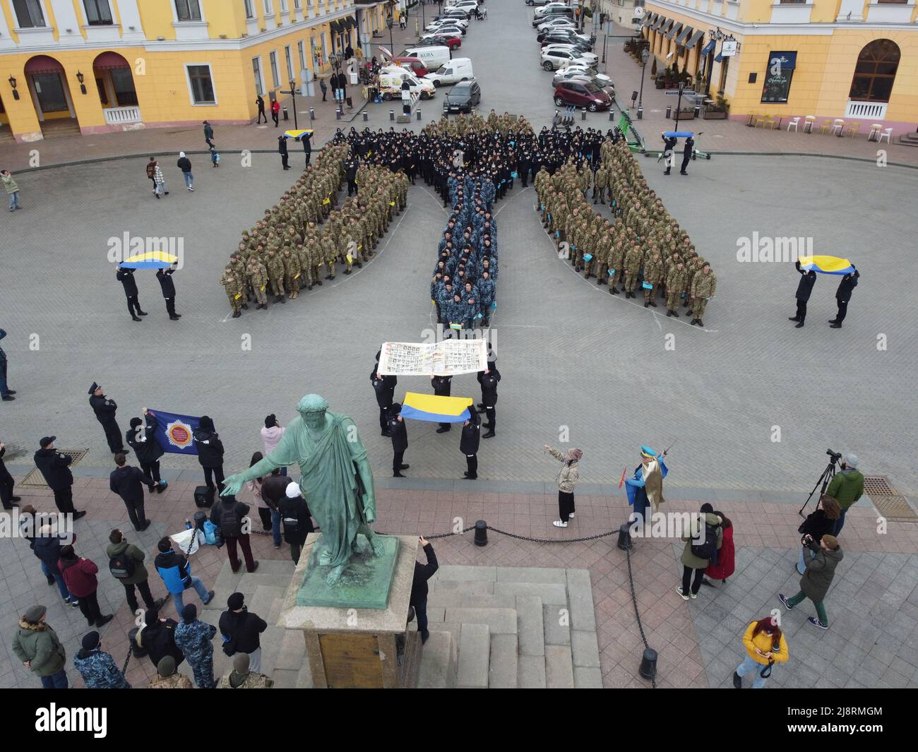 Odessa, Ukraine. 19th Feb, 2022. EDITOR'S NOTE : Image taken with drone.A large crowd of people lined up in a huge trident of Ukraine with Ukrainian flags. Mass meetings in Odessa before the Russian-Ukrainian war. (Photo by Viacheslav Onyshchenko/SOPA Images/Sipa USA) Credit: Sipa USA/Alamy Live News Stock Photo