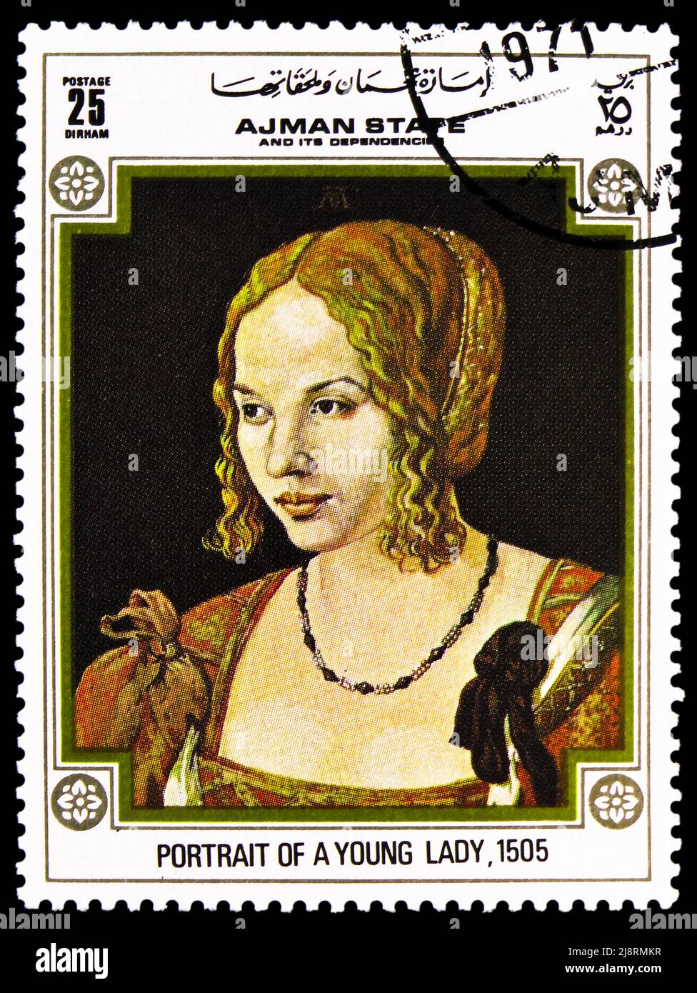 MOSCOW, RUSSIA MAY 14, 2022 Postage stamp printed in Ajman shows Woman, 1505, 500th