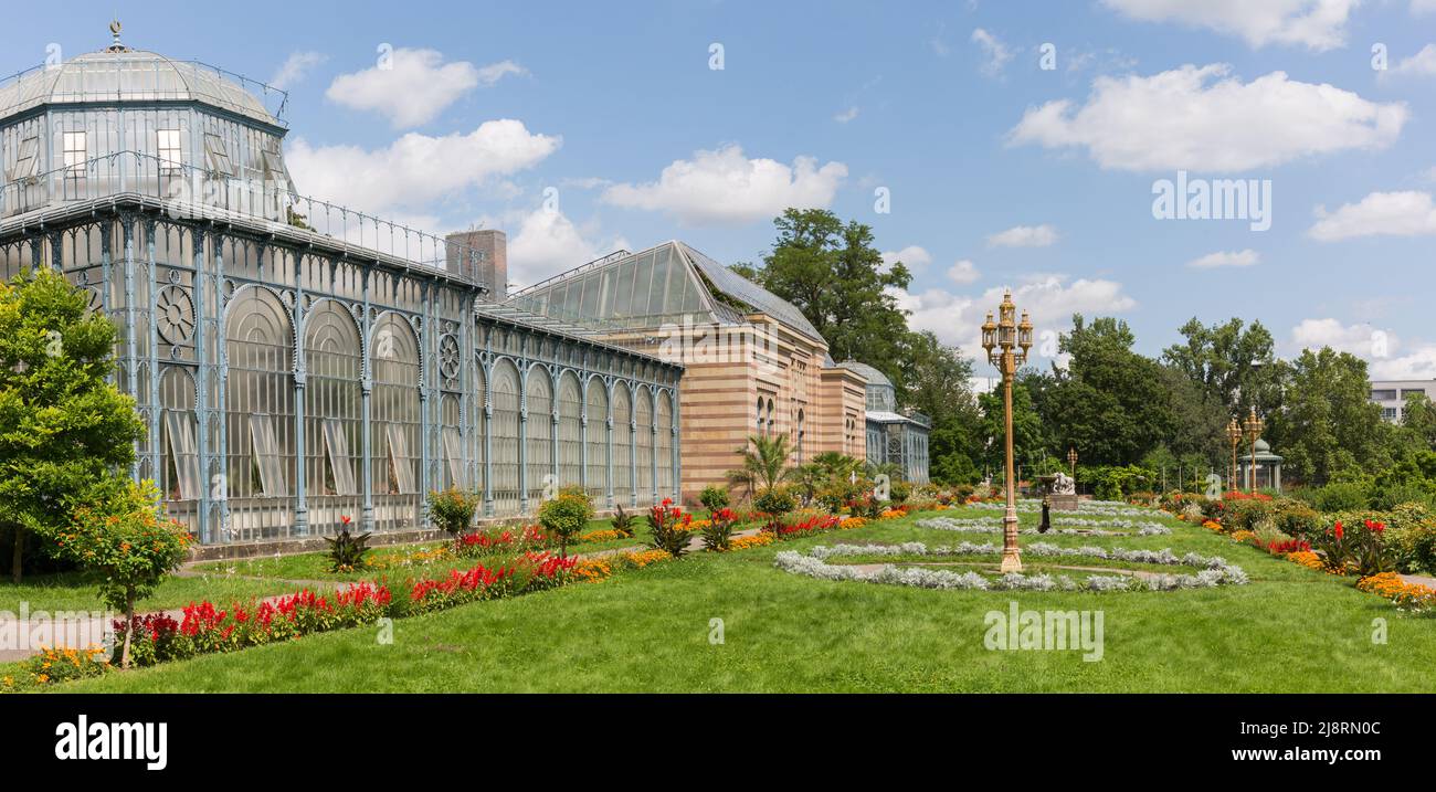 Stuttgart, Germany - Jul 26, 2021: Panorama with the so-called Moorish Villa (inside Wilhelma zoo). Stock Photo