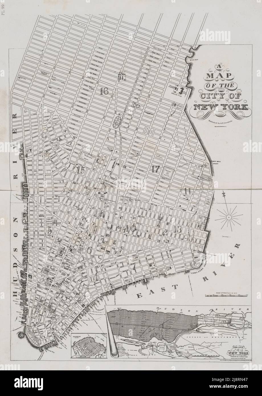 A Map of the City of New York [The Goodrich Plan] 1836 The iconography of Manhattan Island, 1498-1909 compiled from original sources and illustrated by photo-intaglio reproductions of important maps, plans, views, and documents in public and private collections - Volume 3 by Isaac Newton Phelps Stokes, Publisher New York : Robert H. Dodd 1918 Stock Photo