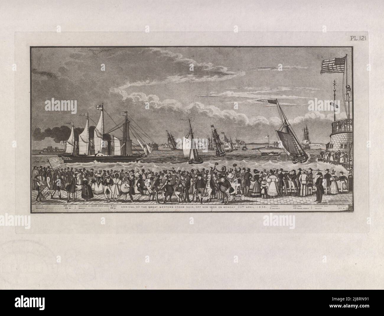 ARRIVAL OF THE GREAT WESTERN STEAM SHIP, Off New YorK on Monday, 23rd April 1838 The iconography of Manhattan Island, 1498-1909 compiled from original sources and illustrated by photo-intaglio reproductions of important maps, plans, views, and documents in public and private collections - Volume 3 by Isaac Newton Phelps Stokes, Publisher New York : Robert H. Dodd 1918 Stock Photo