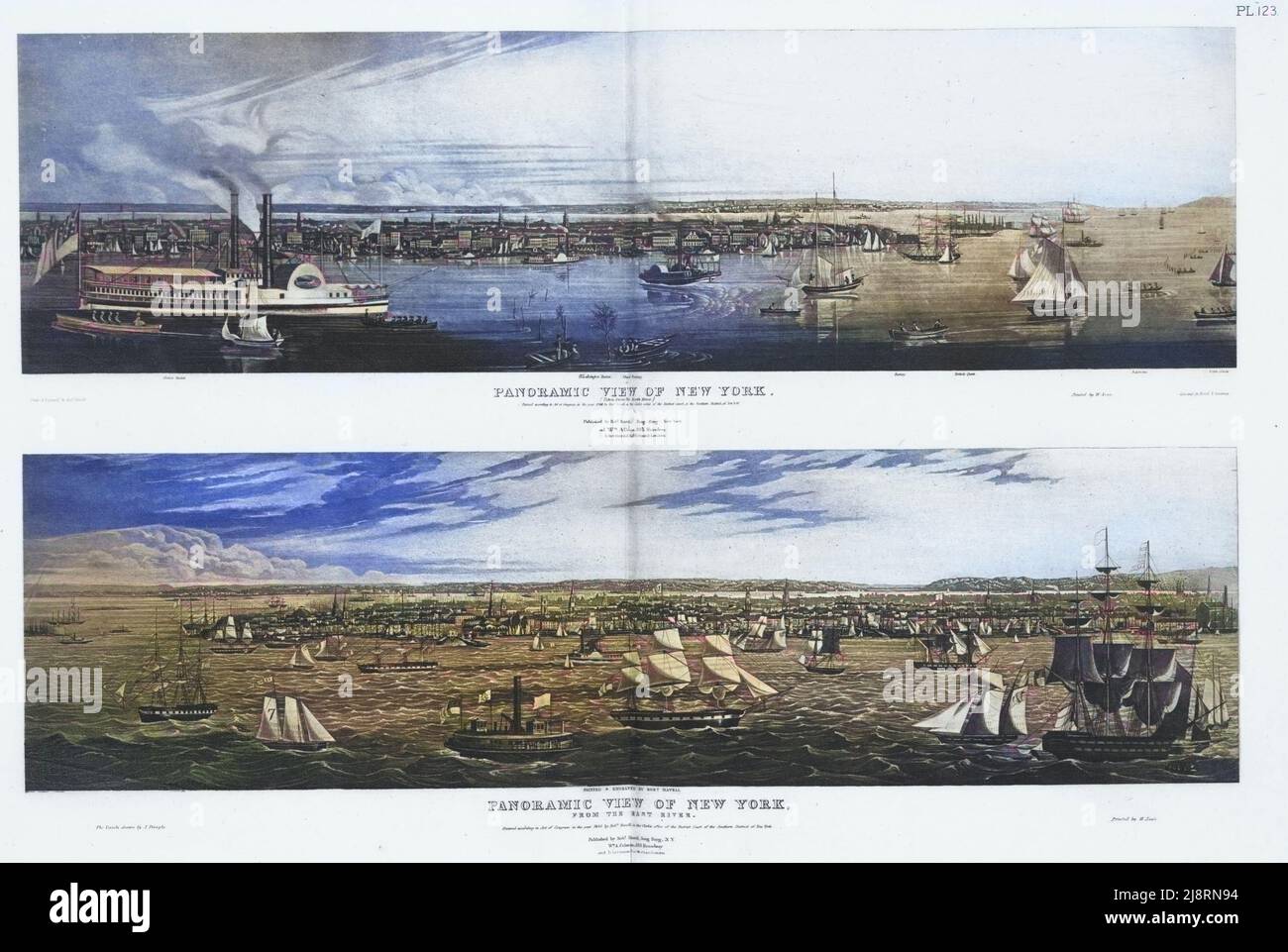 Panoramic View of New York (Taken From the North River) [The Havell North River View] c. 1839 (Top) Panoramic View of New York (Taken From the South River) [The Havell South River View] c. 1843 (Bottom) The iconography of Manhattan Island, 1498-1909 compiled from original sources and illustrated by photo-intaglio reproductions of important maps, plans, views, and documents in public and private collections - Volume 3 by Isaac Newton Phelps Stokes, Publisher New York : Robert H. Dodd 1918 Stock Photo