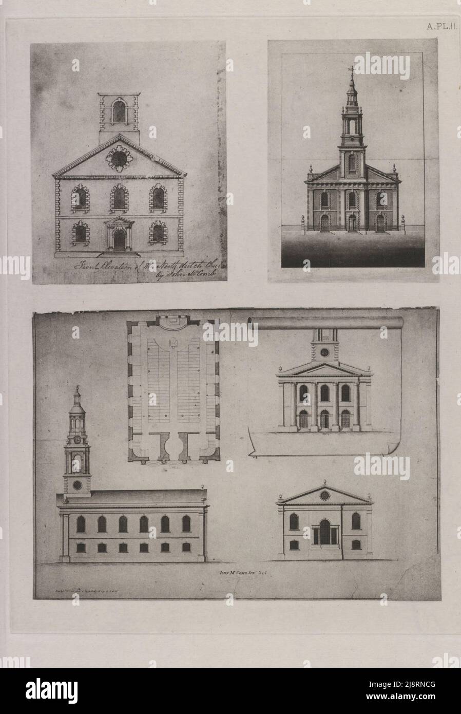 Front Elevation of the North Dutch Church c. 1769; Elevation of Murray Street Church 1811; Plan and Three Elevations of St. John’s Chapel c. 1803 The iconography of Manhattan Island, 1498-1909 compiled from original sources and illustrated by photo-intaglio reproductions of important maps, plans, views, and documents in public and private collections - Volume 3 by Isaac Newton Phelps Stokes, Publisher New York : Robert H. Dodd 1918 Stock Photo
