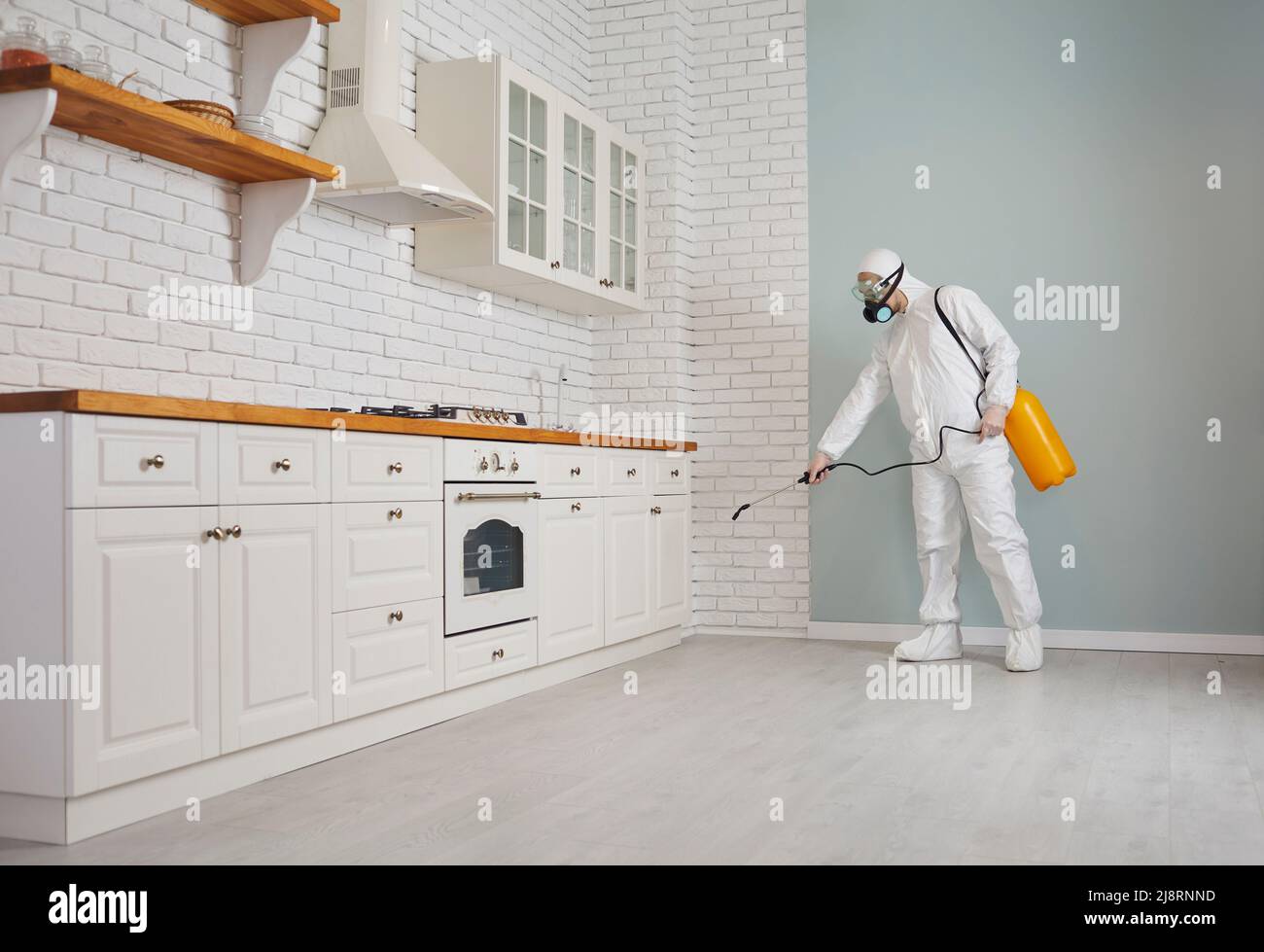 Pest control worker spraying chemical to get rid of rodents, termites