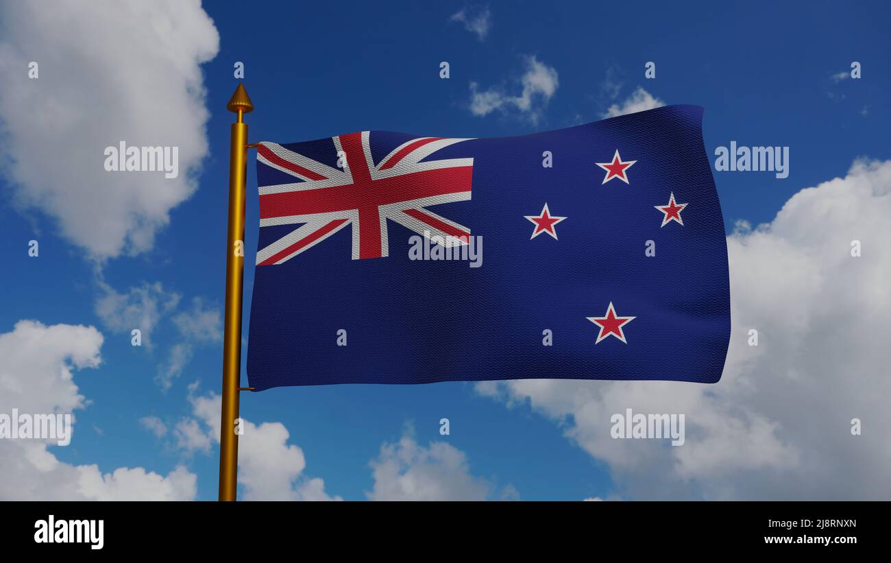 National flag of New Zealand waving 3D Render with flagpole and blue sky, Republic New Zealand flag textile Designed by Albert Hastings Markham, coat Stock Photo