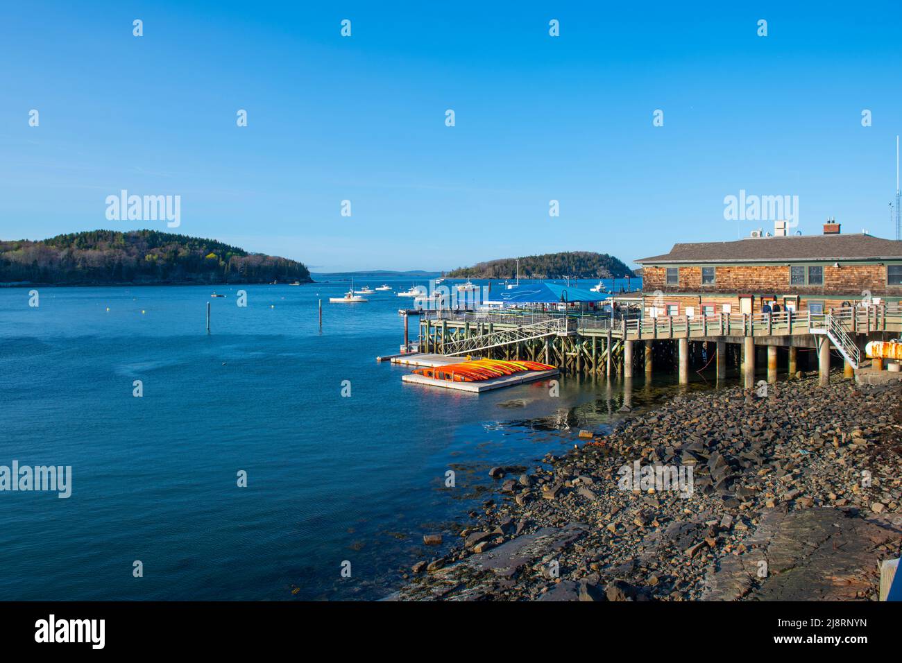 Bar Harbor Town Pier with Bar Island and Sheep Porcupine Island at the