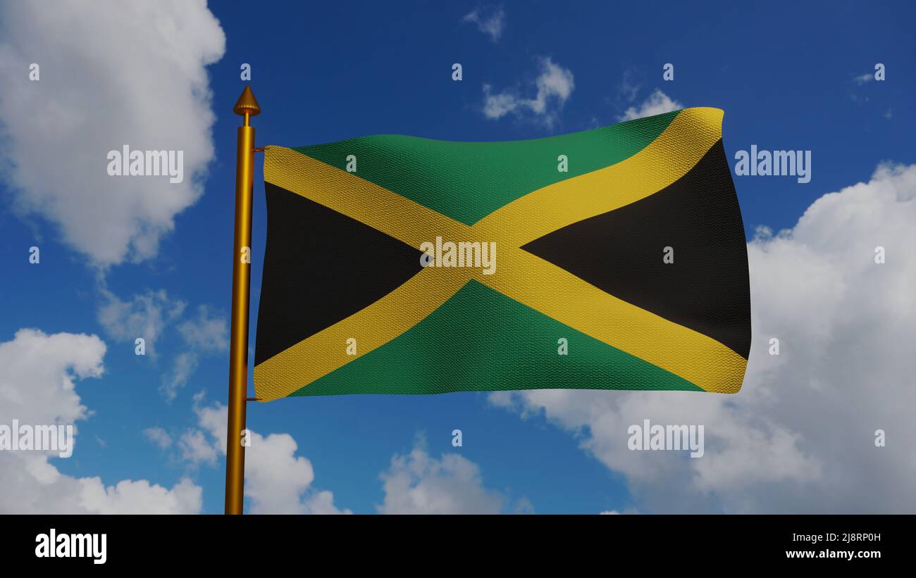 National flag of Jamaica waving 3D Render with flagpole and blue sky, Republic of Jamaica flag textile, coat of arms Jamaican independence day Stock Photo