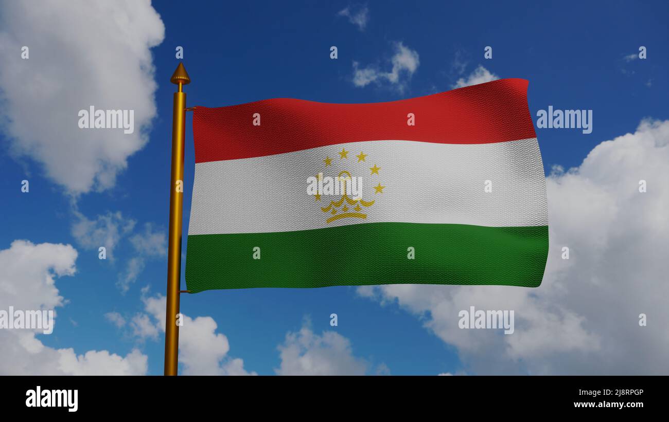 National flag of Tajikistan waving 3D Render with flagpole and blue sky, Republic of Tajikistan flag textile or Parcami Tojikiston, coat of arms Stock Photo