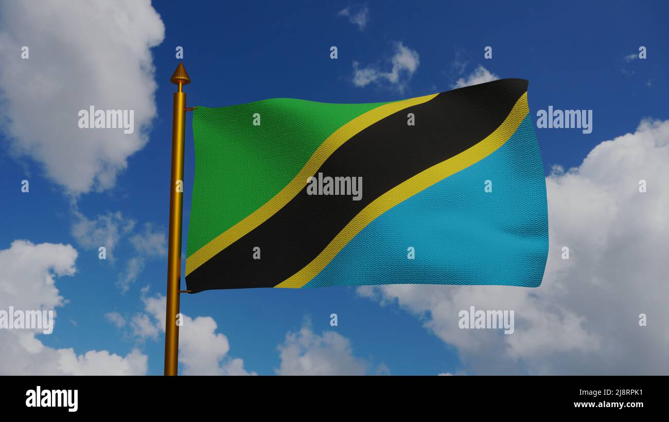National flag of Tanzania waving 3D Render with flagpole and blue sky, United Republic of Tanzania flag textile or Swahili bendera ya Tanzania, coat Stock Photo